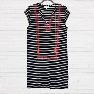 THML Navy Blue White Stripe Boho Stretch Knit Dress Coral Orange Embroidery M